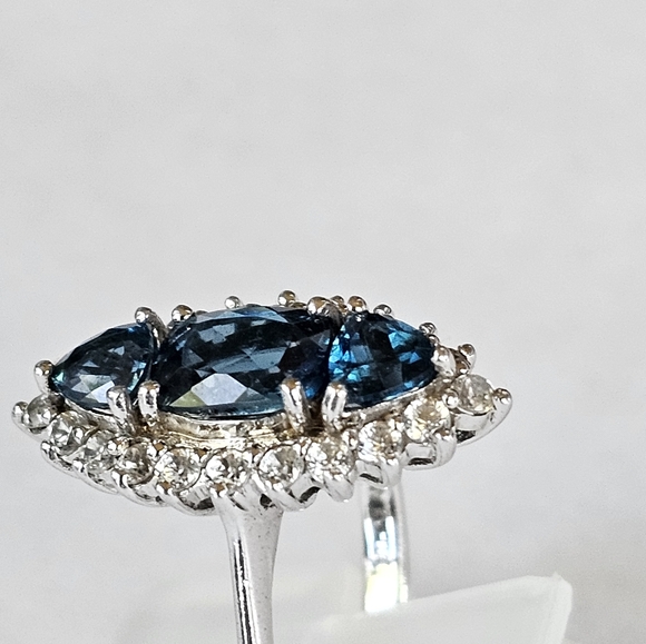 Elongated London Blue Topaz & White Zircon Sterling Silver Ring 💍 💙 Sz 7 - Picture 4 of 13